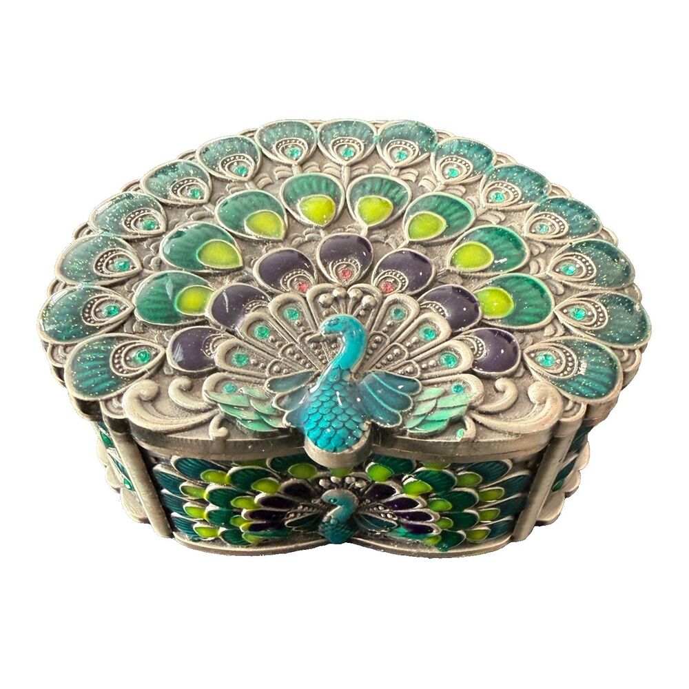 Enamel Peacock Jewelry Box Trinket Tin with Mirror, Metal Box Benesrfit